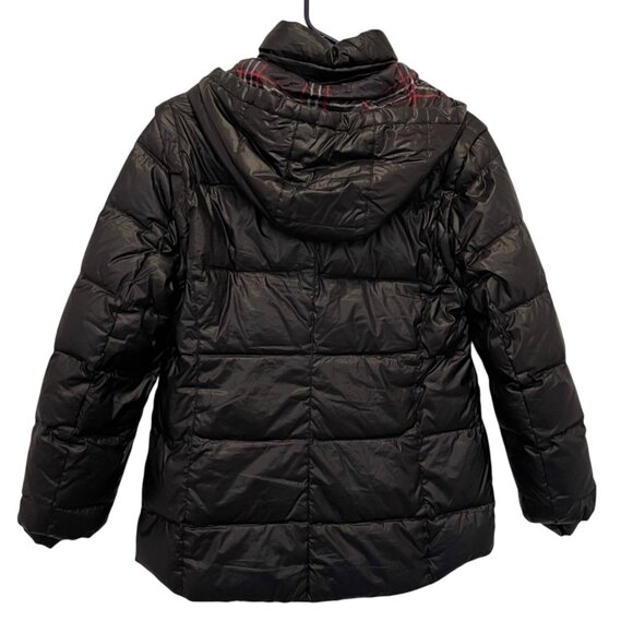 NWOT Lands End Black Hooded Puffer Jacket S (6-8) Red Plaid Lined Interior & Fro - Picture 2 of 8